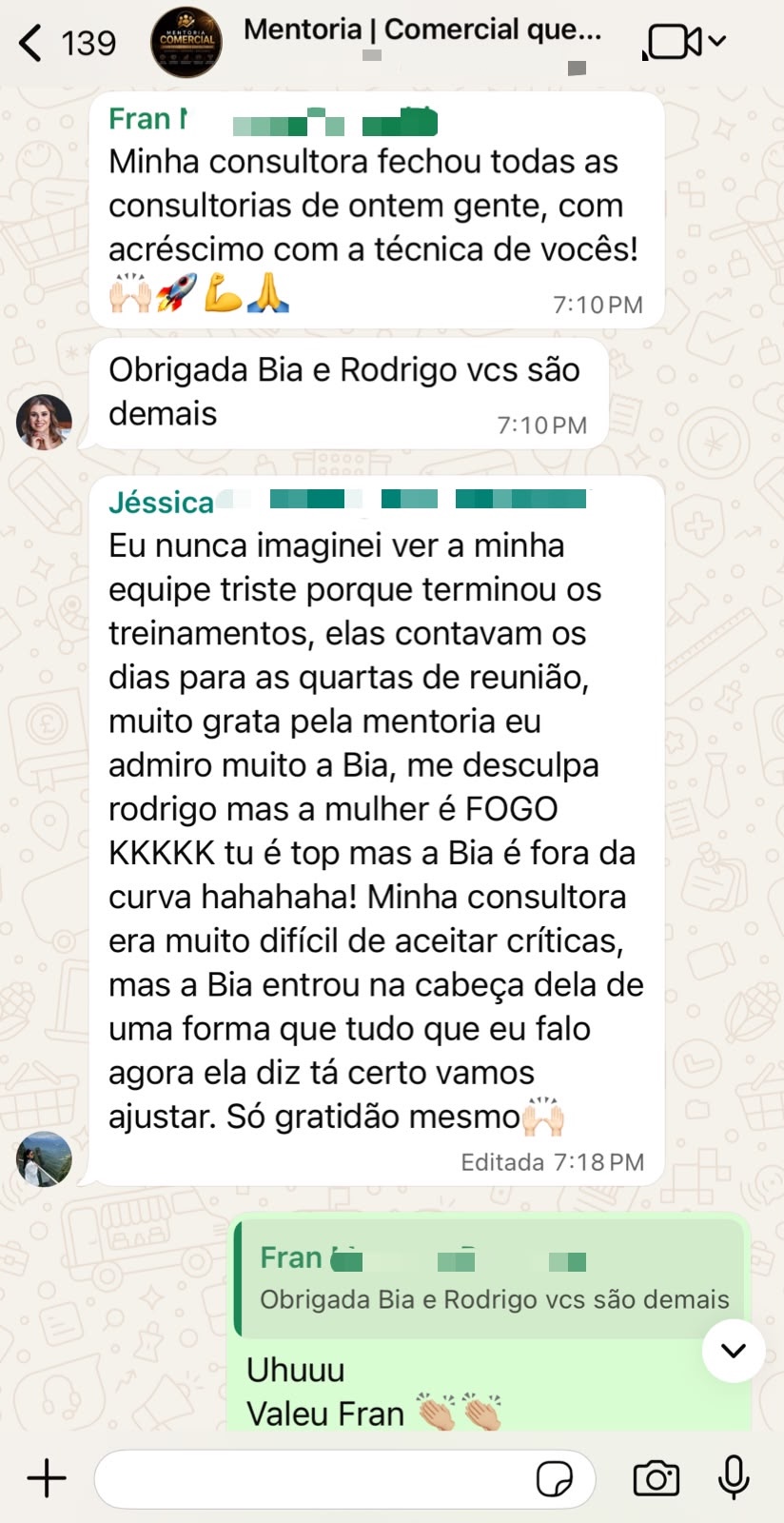 Print de mensagens de Franciele e Jessica sobre a mentoria