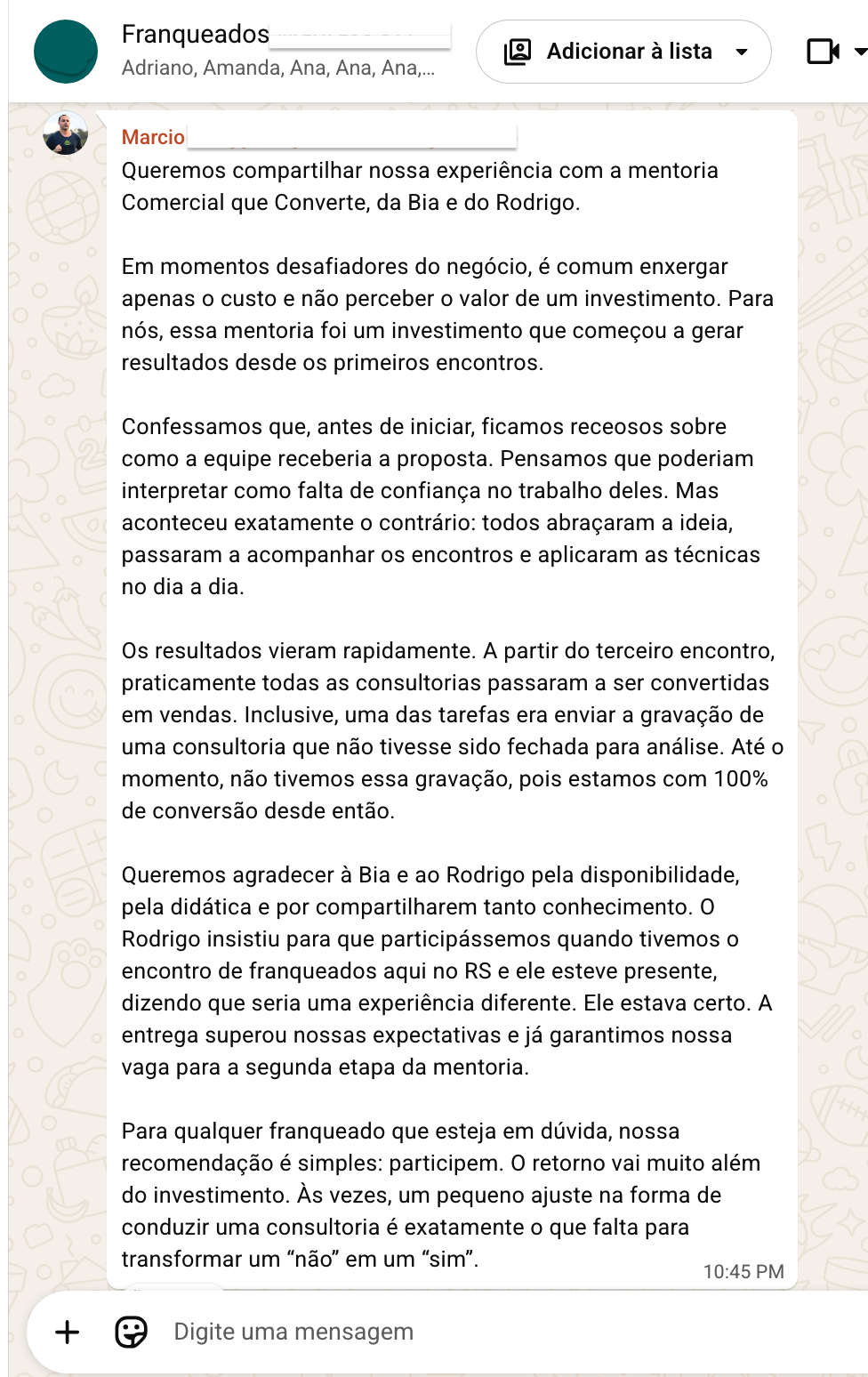 Print de mensagem de Marcio Deriggi sobre a mentoria