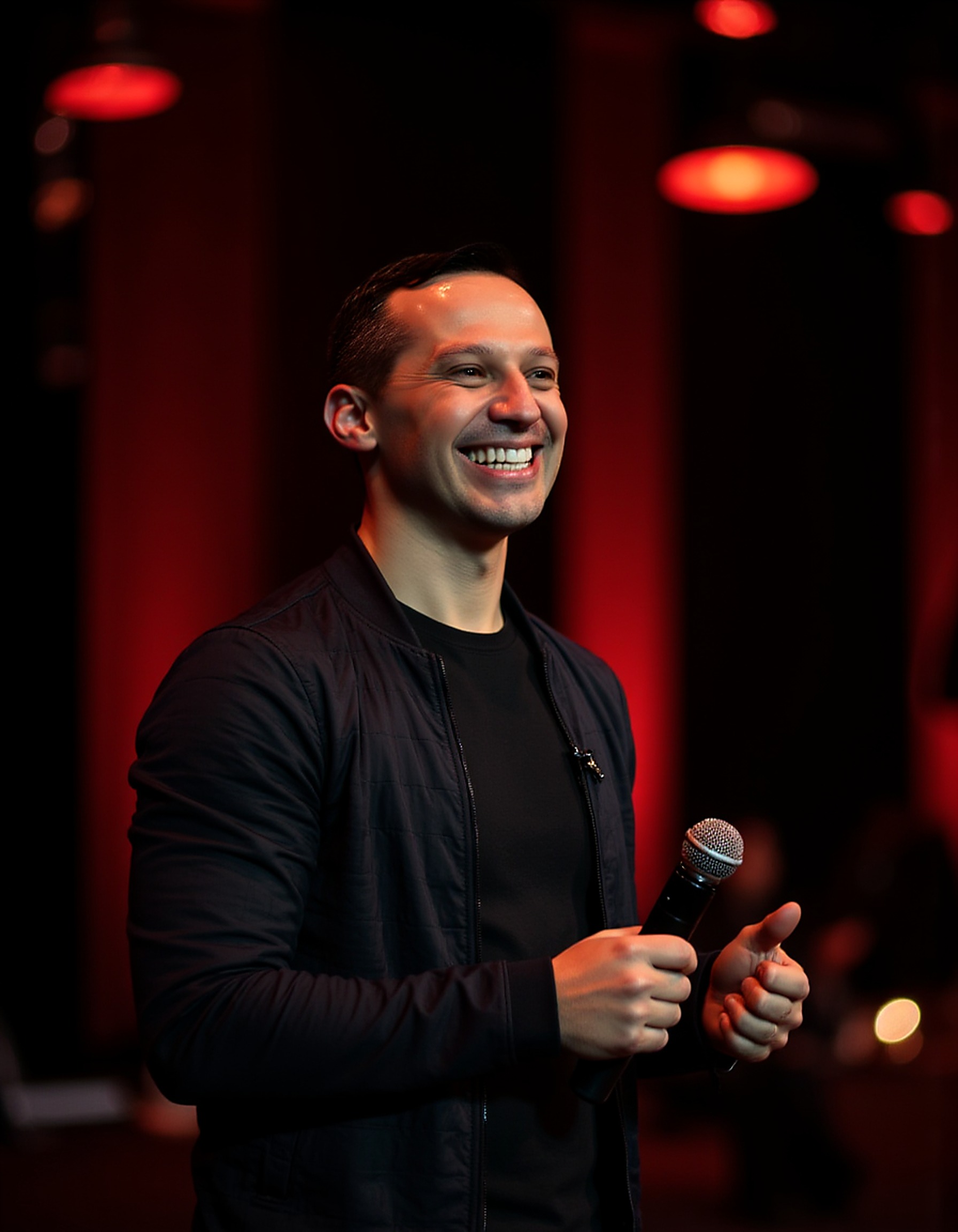 Rodrigo Peixoto sorrindo durante palestra